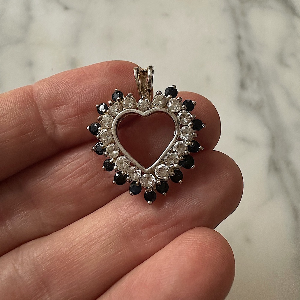 Silver heart pendant-diamonds & blue stones